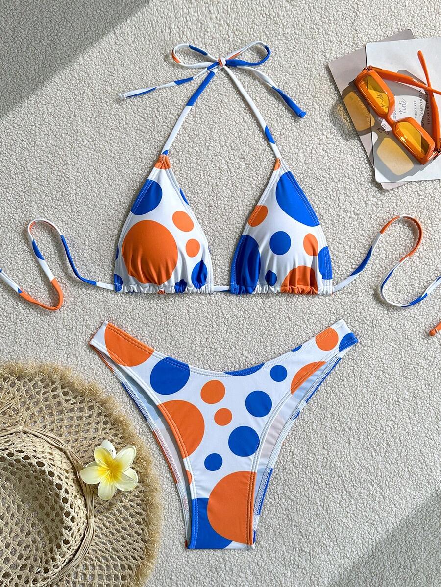 女士夏季沙滩几何印花挂脖系带时尚比基尼和三角泳裤套装 - 彩色 - 查看 1