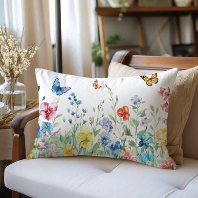 1pc Watercolor Floral & Butterfly Pattern Pillow Cover, Soft Peach Velvet Fabric, Single-Sided Printing 30*50cm/40*60cm, Suitable For Living Room, Bedroom, Sofa, Home Decor, Holiday Gift (No Pillow Insert)