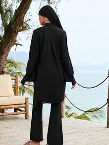 VFJ Bộ đồ bơi nữ Burkini cổ tròn cạp cao, kiểu dáng thường ngày, 3 món, tay dài, màu trơn, thích hợp đi biển và nghỉ mát, bao gồm áo, quần ống rộng và khăn trùm đầu, chất liệu co giãn cao và che phủ toàn thân, màu đen mùa hè. - màu đen - Xem 4