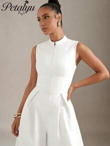 Chic White Sleeveless Jumpsuit For Women, Zipper Front High Waist Flared Leg Long Romper - White - View 5