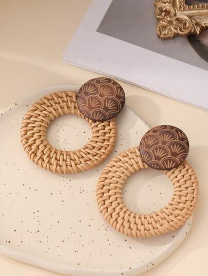 1 Pair Handmade Bohemian Style Rattan Carved Effect Vintage Oversized Earrings, Suitable For Vacation, Retro Outfits, Music Festivals, Markets And Parties