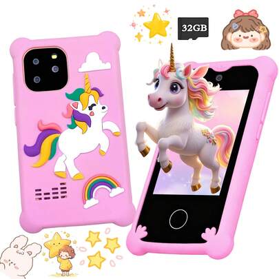 2026年新款独角兽造型儿童玩具手机，2.8英寸高清屏幕，双摄像头支持自拍和视频拍摄，内置32GB存储卡，内置益智游戏、ABC学习功能、手电筒闹钟、大容量电池和硅胶保护套，是送给男孩女孩的理想礼物。
