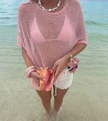 Women Sheer Mesh Poncho Top Crochet Knit Lightweight See Through Shawl Wrap Summer Oversized Loose Shrug Beachwear Swimsuit Bikini Cover Ups - 淺粉色 - 查看 2