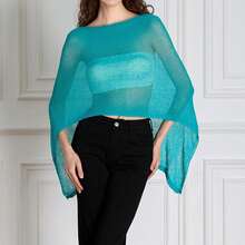 Women Sheer Mesh Poncho Top Crochet Knit Lightweight See Through Shawl Wrap Summer Oversized Loose Shrug Beachwear Swimsuit Bikini Cover Ups - 水鴨藍 - 查看 7