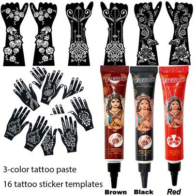 yikexuanli 16pcs Arm Hollow Tattoo Stencil Template + 3 Colors Henna Tattoo Drawing Paste Set, Waterproof Sweatproof Temporary Tattoo Kit, Versatile Designs For Men Temporary Tattoo And Body Art Painting, Suitable For Festivals