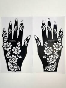 2 Pcs Gorgeous Floral Mehndi Tattoo Stencils, Featuring 3D Flowers And Scroll Patterns For An Exotic Retro Style, Ideal For Henna Art, Parties And Exotic Looks,Adding A Delicate Exotic Vibe And Details To Your Hands - Black - View 9