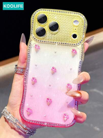  Koolife 1pc Gradient Diamond Wavy Frame Phone Case With 3D Epoxy Ice Cream And Pearl, 2.0mm TPU Soft Protective Cover, Raised Camera Guard, Stylish Shockproof Case, Compatible With IPhone 17/17 Pro/17 Pro Max