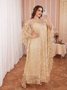 Plus Size French Retro Lace Round Neck Dress With Luxurious Beaded Decor, Adjustable Strap Slip Dress, Romantic 2 Pieces Set Summer Elegant - Apricot - View 7