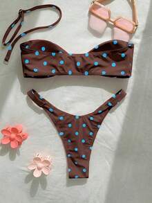 New Fashionable Sexy Polka Dot Print Strapless Detachable Strap Bikini Swimwear For Women, Beach Party Summer Vacation - Brown - View 3
