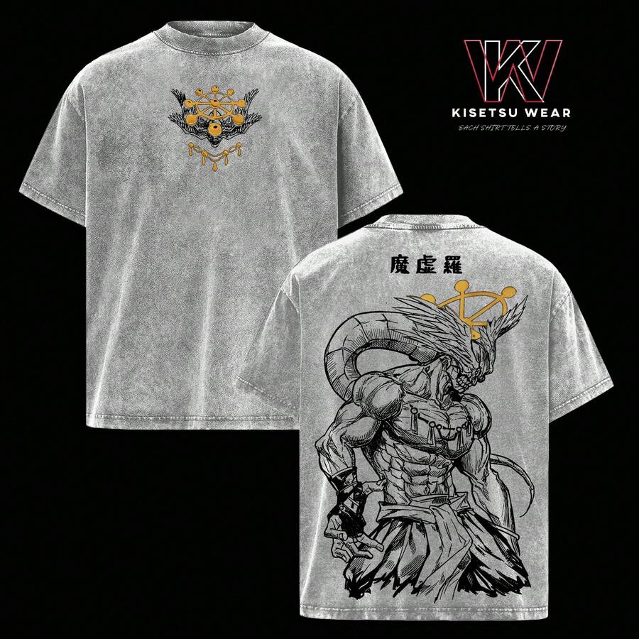 Mahoraga JJK Anime Graphic Tee, Vintage Washed Oversized Dark Anime Streetwear T-Shirt, Soft Cotton Unisex Apparel, Gift For  FansHX0002 - Grey - View 1