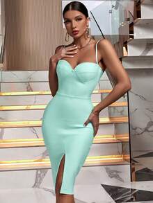Damen sexy elegantes Mini-Bandage-Slip-Kleid, geeignet für Party, Cocktail, Hochzeitsgast - Babyblau - Übersicht 1