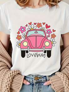 Camiseta rosa para mujer, diseño de escarabajo y corazón floral, cuello redondo, tejido elástico suave, ideal para ocasiones festivas y ropa casual, ropa festiva | Camiseta gráfica juguetona | Camiseta de tejido elástico - [Blanco] - Ver 1