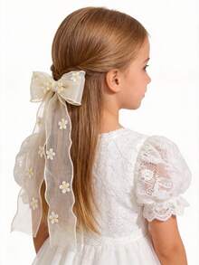 1个女孩精致网纱刺绣花朵蝴蝶结发夹 - 米色 - 查看 3