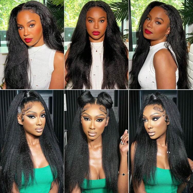 13x6蕾丝前置Yaki直发假发高清透明卷曲直发蕾丝前置闭合真人发假发无胶假发预先拔毛带婴儿发 - Natural Black - 查看 5