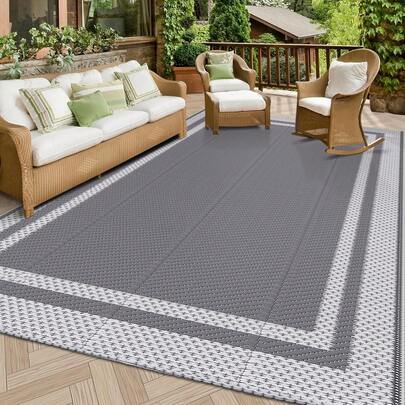 5ft X 8ft Reversible Outdoor Rug, Portable Plastic Woven Camping Mat, Suitable For RVs, Waterproof Outdoor Area Rug For Yard, Patio, Porch, Balcony (White Gray)
