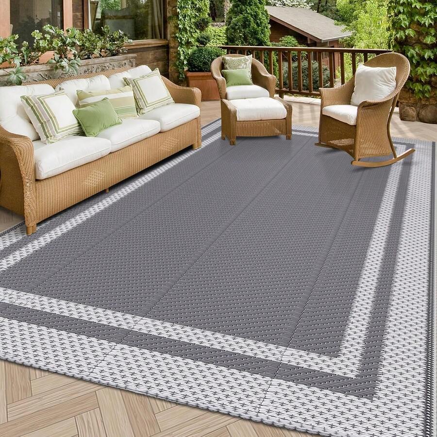5ft X 8ft Reversible Outdoor Rug, Portable Plastic Woven Camping Mat, Suitable For RVs, Waterproof Outdoor Area Rug For Yard, Patio, Porch, Balcony (White Gray) - Aircraft Frame - View 1