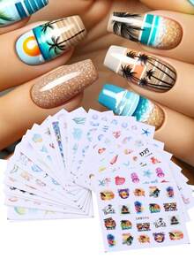 24片夏季海洋风美甲贴纸水转印美甲贴花，贝壳、海龟、海星、海马、鱼图案水贴纸美甲装饰DIY海滩度假美甲用品 - 彩色 - 查看 5
