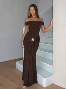 Đầm nữ màu trơn trễ vai, khóa kim loại, xếp ly, thắt eo, gợi cảm, thanh lịch, thời trang nghỉ dưỡng mùa hè. - màu nâu - Xem 5