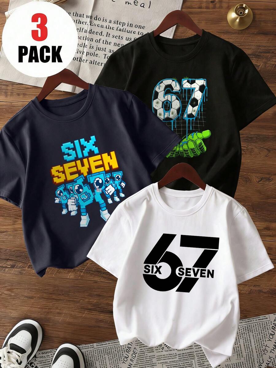 3pcs/Set Tween Boys Casual Printed Crew Neck Short Sleeve T-Shirts, Summer Tops - Multicolor - View 1