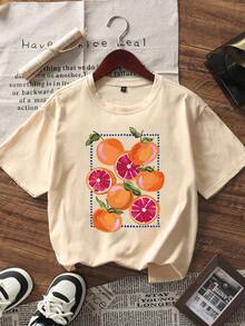 Summer New Casual Orange Print Round Neck Short Sleeve T-Shirt, Fashionable And Versatile Women Top - Asaan - View 2