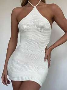 EAVA Summer Women's White Halter Hollow Knit Bodycon Mini Dress, Sexy Slimming Vacation Dress, Ladies' Party Dress, Summer Dress, Perfect For Summer Holiday Outfits And Beach Vacation Outfits, White Dress Spring - Apricot - View 4