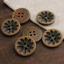 10pcs Vintage Natural Black Coffee Color Thin Rim 4-Hole Wooden Buttons, Suitable For Shirts, Cardigans, Sweaters, Suit Jackets, Coats, Versatile Wooden Decorative Buttons - A-Black - View 10