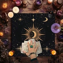 1件星空塔罗牌祭坛布及配套收纳袋，饰有日月图案 - 巫术仪式布，适用于塔罗牌占卜、月相仪式、冥想空间、异教祭坛 - 巫术仪式桌布，优雅的日月曼陀罗祭坛布，神秘的星空设计，复古花卉桌布，巫术占星术黑色神谕垫塔罗牌桌布，波西米亚风游戏垫，家居装饰房间装饰 - 彩色 - 查看 1