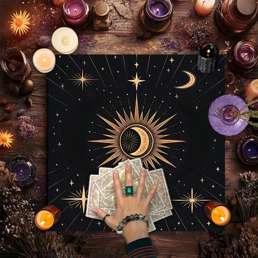 1件星空塔罗牌祭坛布及配套收纳袋,饰有日月图案 - 巫术仪式布,适用于塔罗牌占卜、月相仪式、冥想空间、异教祭坛 - 巫术仪式桌布,优雅的日月曼陀罗祭坛布,神秘的星空设计,复古花卉桌布,巫术占星术黑色神谕垫塔罗牌桌布,波西米亚风游戏垫,家居装饰房间装饰 - 彩色 - 查看 1