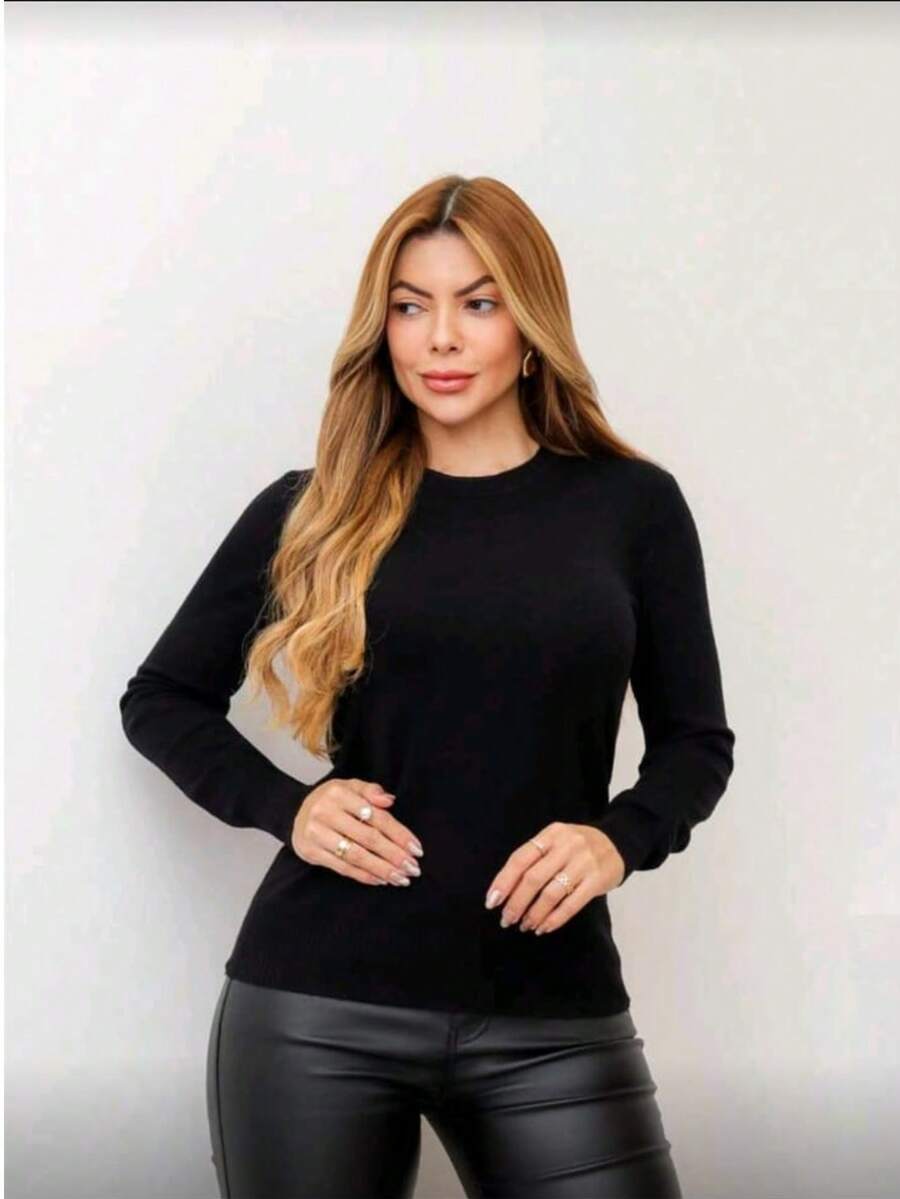 Women's Basic Long-Sleeve Knit Sweater, Plain, Winter - Black - View 1