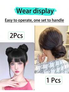 2 chiếc vòng cài tóc giả hình đầu Maruko dễ thương, tóc nối cho trẻ em, tóc giả trẻ em, tóc giả hình nụ hoa cho bé gái, vòng cài tóc giả, tóc dài, túi đựng tóc giả, búi tóc. - Hai tông màu - Xem 10