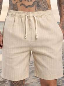 Men's Linen Shorts, Cool, Lightweight, Comfortable Fabric, Premium Quality, Perfect For Leisure, Holidays, Summer , And End Of Year - - Sọc màu be - Xem 1