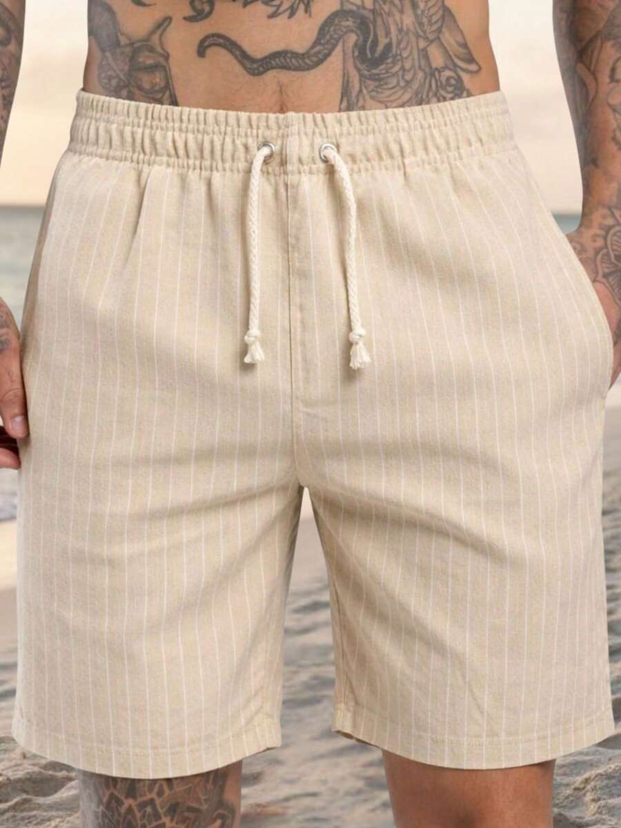 Men's Linen Shorts, Cool, Lightweight, Comfortable Fabric, Premium Quality, Perfect For Leisure, Holidays, Summer , And End Of Year - - Sọc màu be - Xem 1