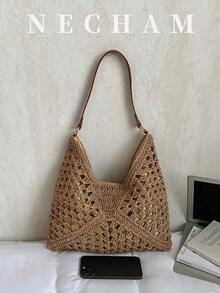 1 pezzo Borsa a spalla casual e minimalista di colore unito, grande capacità, stile versatile per le vacanze per le donne - Cachi - Visualizzare 2