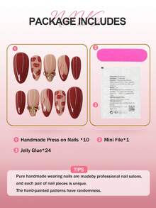 10片法式手工杏仁形美甲贴纸，渐变亚克力假指甲贴纸，DIY美甲贴纸套装，Y2K全息风格，纯色裸色、粉色、酒红色，唇印、蝴蝶结、爱心图案，光滑表面，全覆盖假指甲，可重复使用的美甲用品，适用于美甲沙龙、女孩和女士日常美甲、节日派对和礼物、情人节礼物、女孩礼物、美甲套装、美甲用品 - 彩色 - 查看 6