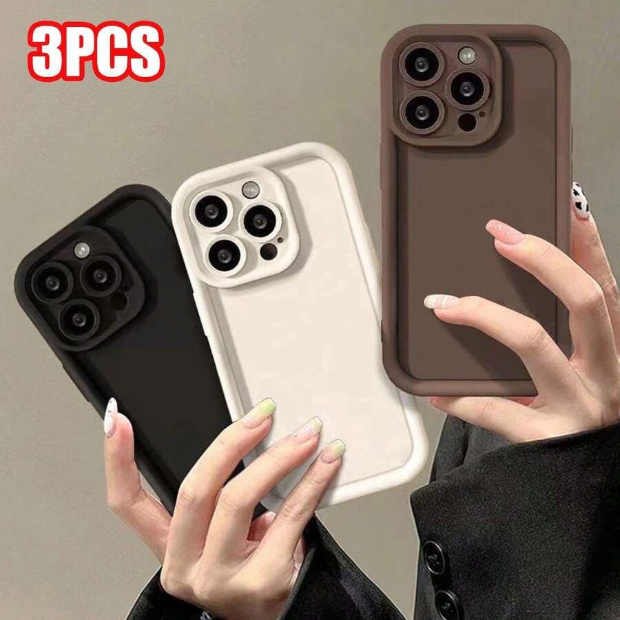 3pcs Gradient Sandpaper Frame Soft Phone Case, Full-Body Protective Cover, Minimalist Design, Cute Cartoon Style, Perfect Protection Compatible With Apple 17 Air 16 15 14 13 12 11 Pro Max Plus - Black+White+Coffee - View 1