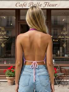 Chaleco de mujer de cuello halter de verano sin mangas con espalda abierta, con lentejuelas brillantes, blusas de punto para carnaval, fiestas y raves - Multicolor - Ver 6