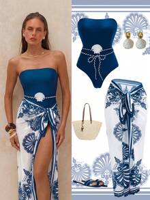 Allurini Bộ đồ bơi liền thân phong cách Boho thanh lịch dành cho nữ với dây đeo mảnh, chi tiết thắt lưng hình vỏ sò và chân váy xẻ tà co giãn cao, hơi xuyên thấu, thích hợp cho kỳ nghỉ. - Màu xanh hải quân - Xem 9