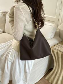 Women's Crescent Shoulder Bag, Fashion Minimalist Metal Chain Decor, Elegant Business Large Capacity Khaki Bag Suitable For Shopping And Commuting - Coffee - View 7