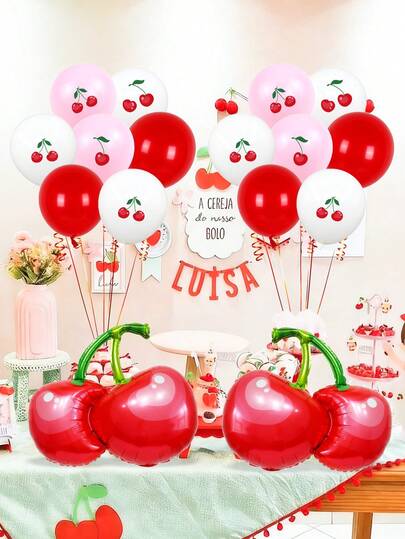 18件套樱桃主题派对装饰气球套装，包含樱桃形状铝箔气球、樱桃贴纸和红色/粉色/白色乳胶气球，适用于生日装饰、樱桃主题生日派对、场景装饰、房间装饰、生日庆典装饰、迎婴派对、摄影道具、周年纪念、婚礼、周岁生日、生日仪式派对装饰。