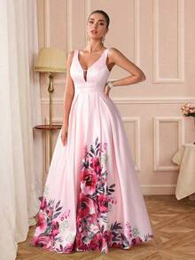 Đầm phù dâu không tay cổ tim thanh lịch, đầm dự tiệc dài in họa tiết bằng vải dệt. - Màu Hồng baby - Xem 1