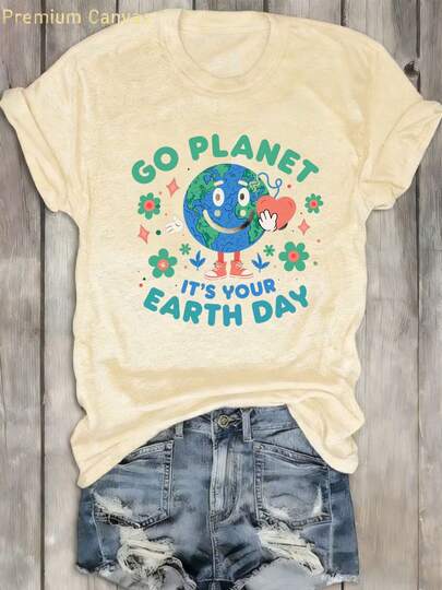Camiseta de mujer de una sola pieza 100% suave y cómoda con estilo bohemio, con un diseño de dibujos animados que dice "¡VAMOS PLANETA ES TU DÍA DE LA TIERRA!" para el Día de la Tierra, cuello redondo casual y mangas cortas, perfecta como regalo para vacaciones en la playa y moda urbana