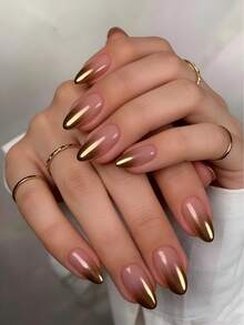 24片短椭圆形亚克力美甲贴片，金色渐变，按压式亚克力纤维假指甲，包含1片果冻胶和1个指甲锉，适合派对、活动和日常佩戴。适合女性和女孩。包含美甲工具。可塑形美甲套装 - 彩色 - 查看 1