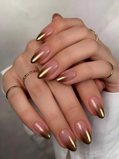 24 Pieces Of Short Oval Acrylic Manicure Patches Gold Gradient Push-On Nails Acrylic Fiber Fake Nails, Including 1 Piece Of Jelly Glue And 1 Nail File, Suitable For Parties, Events, Daily Wear. Suitable For Women And Girls. Includes Nail Art Tools. Shapeable Nail Art Set