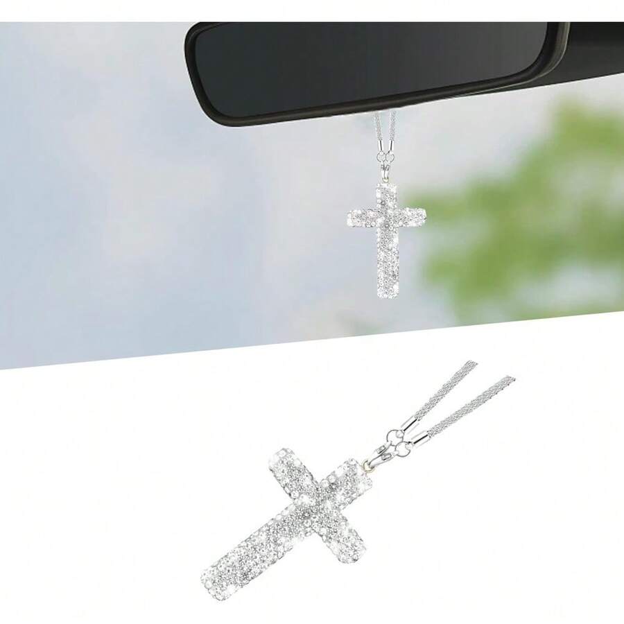 Bling Car Hanging Ornament, Cross Crystal Rhinestone Vehicle Rear View Mirror Pendant, Diamond Religious Rearview Mirror Decoration Charm, Universal Automotive Interior Accessories (Silver) - Silver - View 1