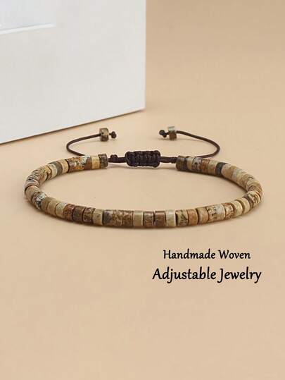 Natural Picture Stone Bracelet For Men, 2X4mm Bead Handmade Woven Adjustable Bracelet, Spiritual Jewelry Suitable For Daily Wear, Perfect Holiday Gift For Dad Or Friends