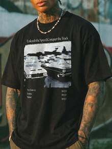 Camiseta de manga corta de cuello redondo para hombre de verano y estilo casual con el eslogan "Libera la velocidad, conquista la pista" de FRACTYR - Negro - Ver 1