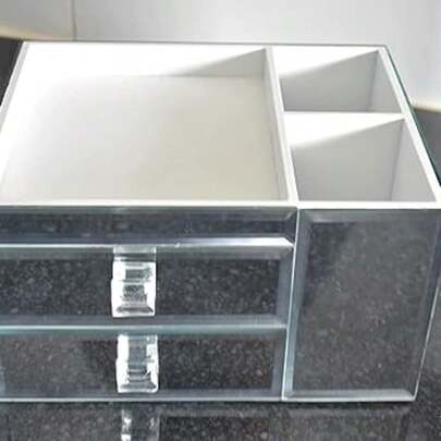 Biznest Silver Crushed Diamante Mirrored Glass Jewellery Box With 2 Drawers + Makeup Brush Holder