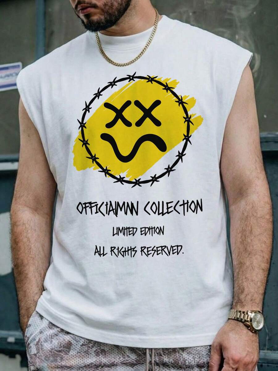 FRACTYR Men's Casual Barbed Wire Smiling Face Sleeveless T-Shirt, Street Style | Versatile Daily Fashion - White - View 1