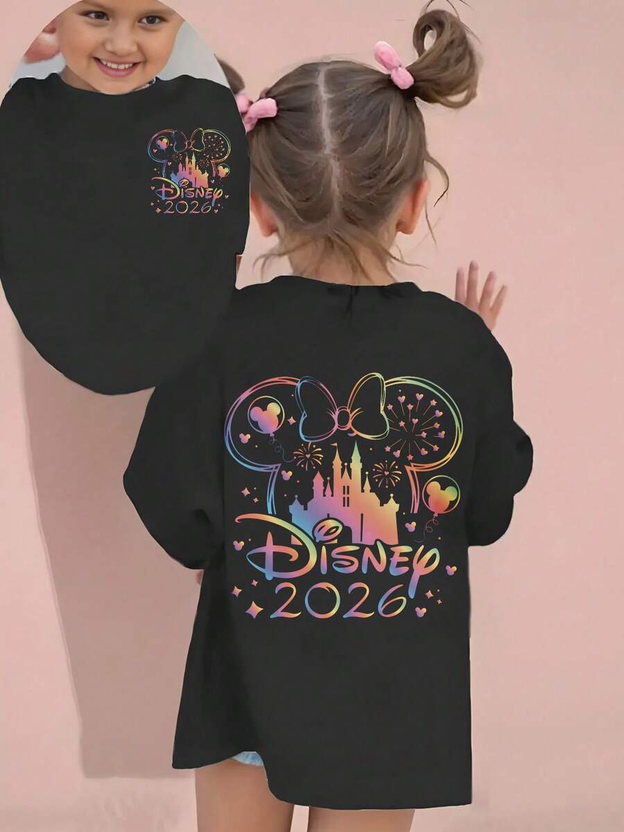 Disney Castle And Mickey Mouse Ears With Fireworks Double-Sided Printed Pattern T-Shirts For Girls - Children's Clothing Design Short-Sleeved Casual And Cute Style Comfortable And Casual Wear All Year Round Suitable For Parties And Play Machine Washable Gift Children's Clothing Girls' Short-Sleeved Shirts - Black - View 1