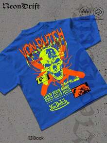 SummerNeonDrift Street Double-Sided Printing Cotton T-Shirt 100% Cotton Fabric Unisex Style-Men T Shirt Skull Graphic Print Neon Yellow Orange Cross Design Streetwear Fashion Casual Wear For Urban Style Fans Hip Hop Look Breathable 100 Cotton Comfortable FitLoose And Comfortablesummer Clothes - 寶藍色 - 查看 3